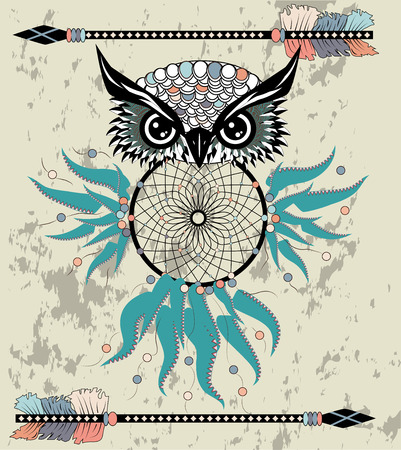 Hand drawn dreamcatcher with an owl, feathers and all seeing eyes. Indian talisman in boho style.のイラスト素材