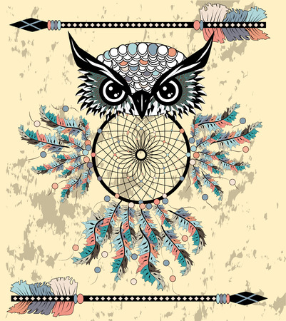 Dreamcatcher owl boho style cartoon character abstract bohemian object feathers.のイラスト素材