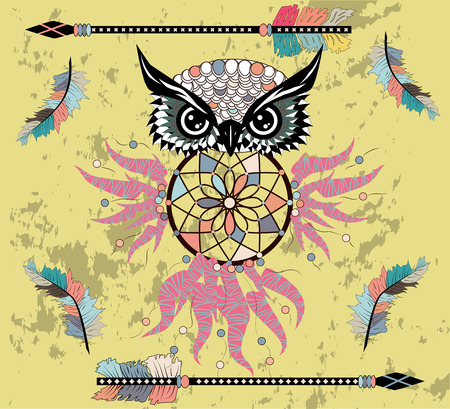 Indian decorative Dream Catcher owl in graphic style.のイラスト素材