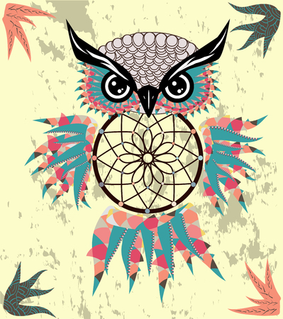 Hand drawn dreamcatcher with an owl, feathers and all seeing eyes. Indian talisman in boho style.のイラスト素材