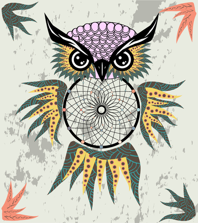 Dreamcatcher owl boho style cartoon character abstract bohemian object feathers.のイラスト素材