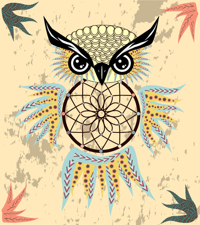 dream catcher with owl. boho style. totem animal.のイラスト素材