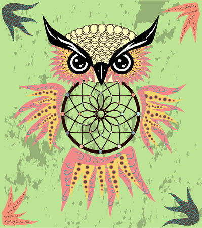 Dreamcatcher owl boho style cartoon character abstract bohemian object feathers.のイラスト素材