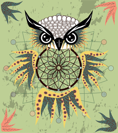 Indian decorative Dream Catcher owl in graphic style.のイラスト素材