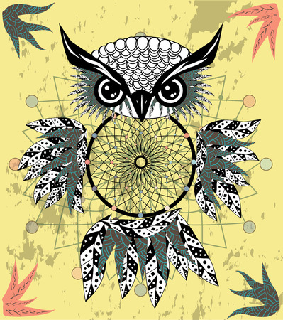 Dreamcatcher owl boho style cartoon character abstract bohemian object feathers.のイラスト素材