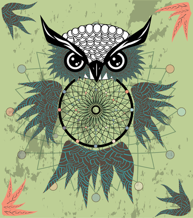 Hand drawn dreamcatcher with an owl, feathers and all seeing eyes. Indian talisman in boho style.のイラスト素材