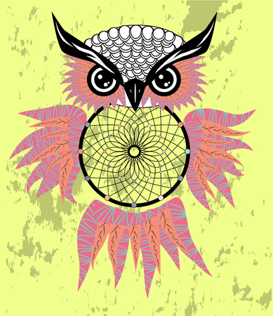 Hand drawn dreamcatcher with an owl, feathers and all seeing eyes. Indian talisman in boho style.のイラスト素材