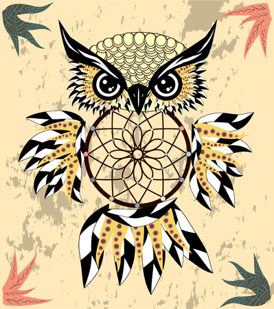 Indian decorative Dream Catcher owl in graphic style.のイラスト素材
