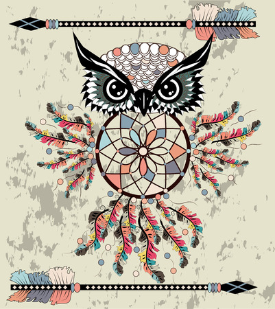 dream catcher with owl. boho style. totem animal.のイラスト素材