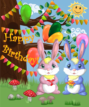 Two cute bunny in a forest glade. Boy and girl, concept spring, love, postcardのイラスト素材