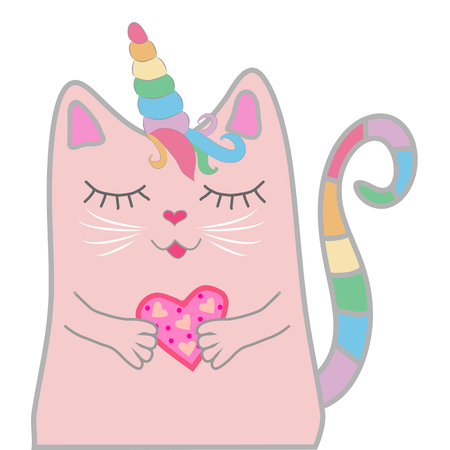 Funny pink cat unicorn closed his eyes and holds a heart in his paws. Concept of miracles and magicのイラスト素材