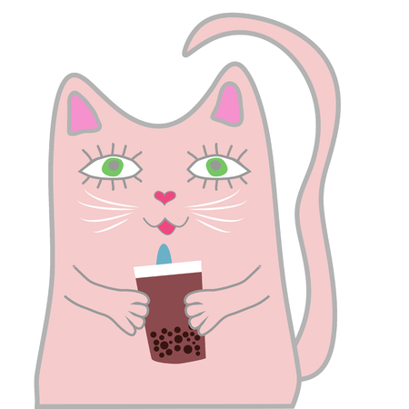 Funny pink cat holds a drink in his paws. Cute girl concept.のイラスト素材