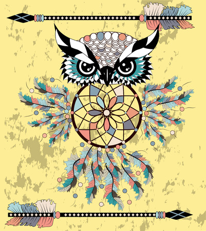 Hand drawn dreamcatcher with an owl, feathers and all seeing eyes. Indian talisman in boho style.のイラスト素材
