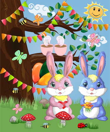 Two cute bunny in a forest glade. Boy and girl, concept spring, love, postcardのイラスト素材