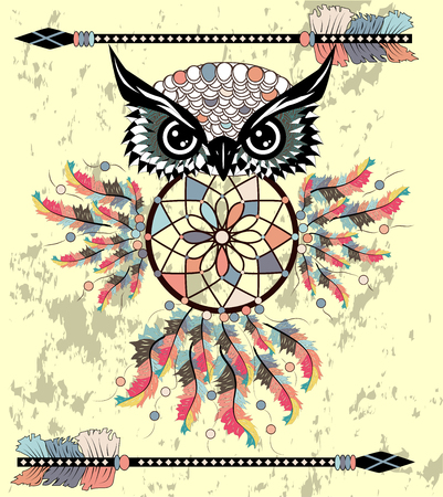 dream catcher with owl. boho style. totem animal.のイラスト素材