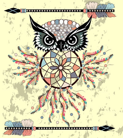 Indian decorative Dream Catcher owl in graphic style.のイラスト素材