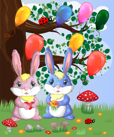 Two cute bunny in a forest glade. Boy and girl, concept spring, love, postcardのイラスト素材