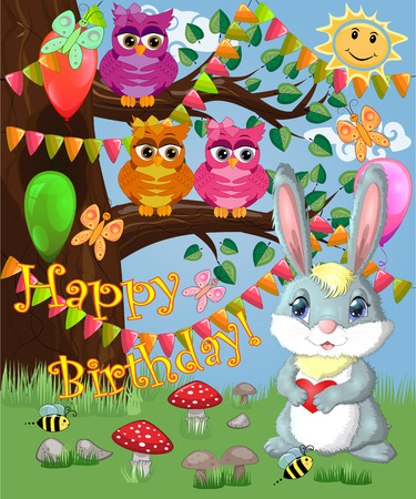 Bunny with a heart in a forest glade. Spring, love, postcardのイラスト素材