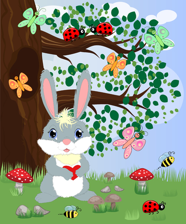 Bunny with a heart in a forest glade. Spring, love, postcardのイラスト素材