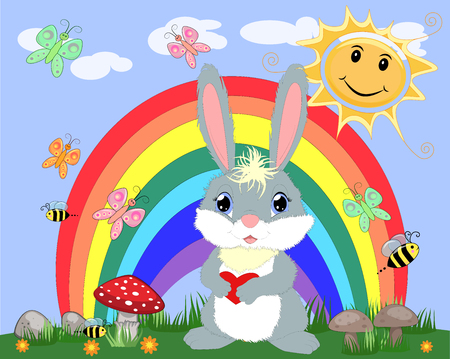 Bunny with a heart in a meadow near the rainbow. Spring, love, postcardのイラスト素材