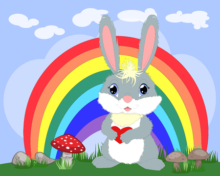 Bunny with a heart in a meadow near the rainbow. Spring, love, postcardのイラスト素材