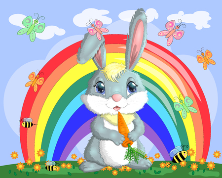 Bunny with a carrot in the meadow near the rainbow. Spring, love, postcardのイラスト素材