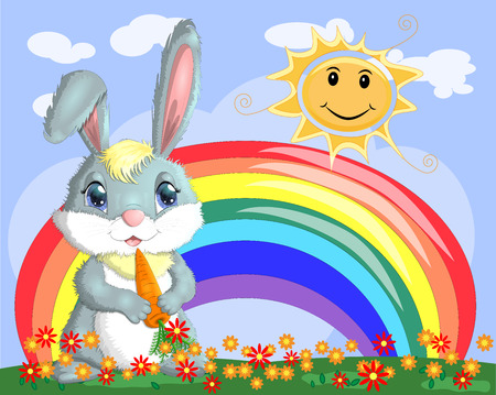Bunny with a carrot in the meadow near the rainbow. Spring, love, postcardのイラスト素材