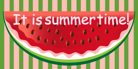 Inscription It is summer time. Watermelon slice background with seed and skin textureのイラスト素材