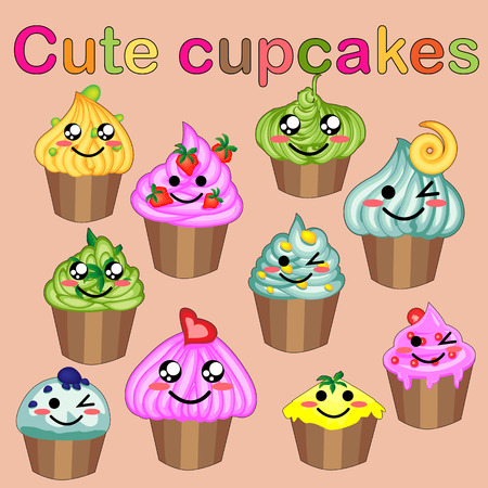 Set of cute sweet icons in kawaii style with smiling face and pink cheeks for sweet design. Ice cream, candy, cake, cupcakeのイラスト素材