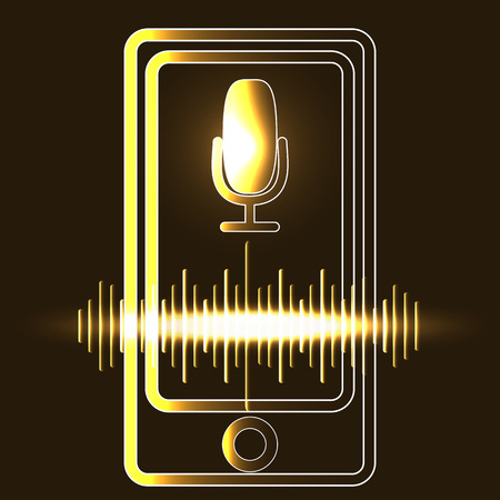 Personal assistant and voice recognition concept flat illustration of sound symbol intelligent technologies. Microphone button with bright voice and sound imitation linesのイラスト素材