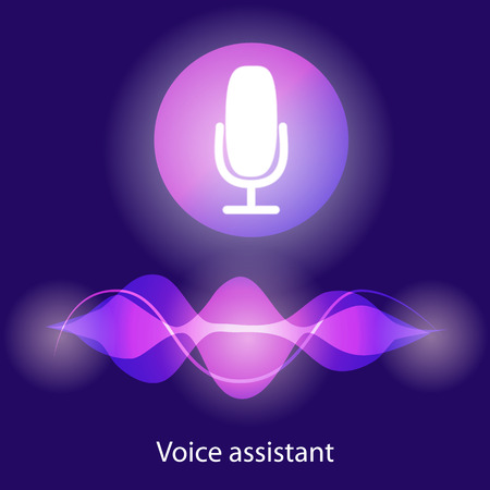 Personal assistant and voice recognition concept flat illustration of sound symbol intelligent technologies. Microphone button with bright voice and sound imitation linesのイラスト素材