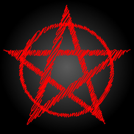 Pentagram blood red runic spell circle. Satanic sign, Magic casting ring. Pentalpha, Pentangle, illustrationのイラスト素材