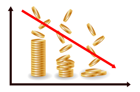 Decreasing piles of coins with going down graph. Concept for financial fallのイラスト素材