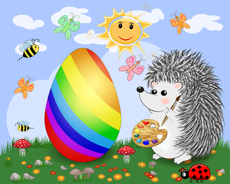 Easter hedgehog with a brush and a palette paints huge Easter egg on a glade, the sun, butterflies, spring. Copy spaceのイラスト素材