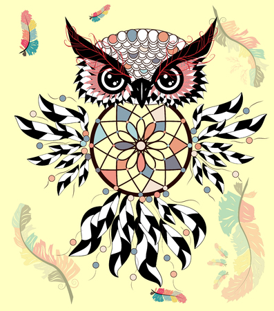 Hand drawn ornate spiritual symbols, totemic and mascot Owl with the dream catcher and mandala. Boho style.のイラスト素材