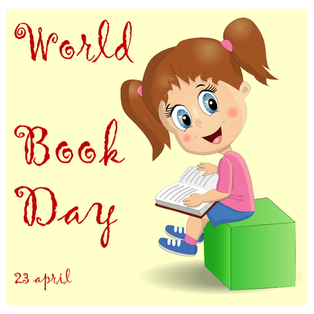 International Children's book day poster. Cute girl with a pile of books.のイラスト素材