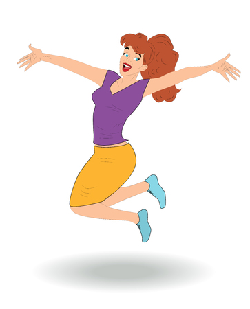 Joyful woman in a skirt jumping, the concept of joy, laughter, victory, good luckのイラスト素材