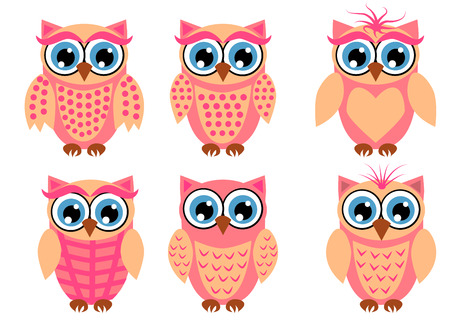 Large set of cute owls with big eyes in a trendy coral color, design, spring conceptのイラスト素材