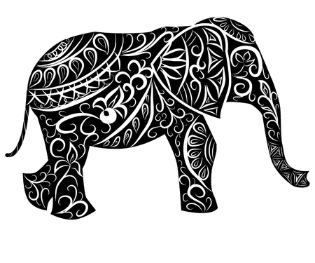 Stylized fantasy patterned elephant. Hand drawn illustration. separately from backdropのイラスト素材