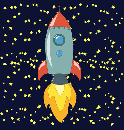 Space rocket launch. illustration of starting space rocket with smoke clouds on dark night sky background.のイラスト素材