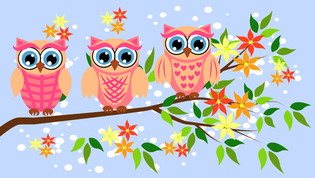 Three cute owls with big eyes in a trendy coral color on a blossoming tree branch, design, spring conceptのイラスト素材