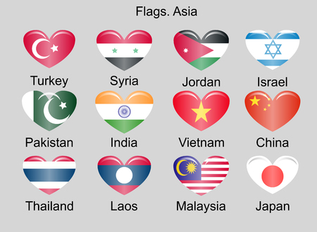 Flags of Asian Countries. Turkey, Pakistan, Syria, India, China, Japan, Laos, Thailand, Israel, and others.のイラスト素材