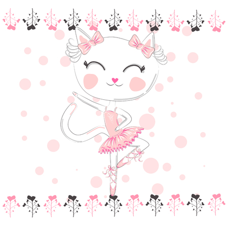 cute white cartoon cat in ballet tutu, kitty girl in a pink skirt, lettering Cute. sweet cardのイラスト素材