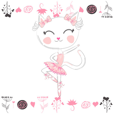 Cute dancing cat ballerina in the tutu. Cartoon hand drawnのイラスト素材