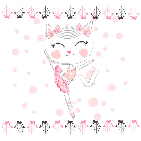 cute white cartoon cat in ballet tutu, kitty girl in a pink skirt, lettering Cute. sweet cardのイラスト素材
