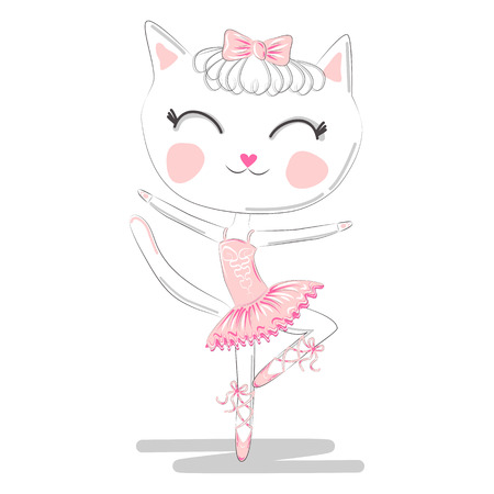 Hand Drawn Cute Cat, ballerina illustration, children print on t-shirt.のイラスト素材