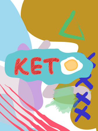Keto fat collage lettering. Ketogenic eating slogan, phrase on memphis background. Healthy nutrition poster, banner design templateのイラスト素材