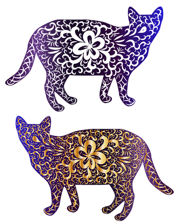 Elegant cat, silhouette, hand-painted in Indian style, print, design. The concept of grace, beauty of a cat, a unique pattern drawn by hand in Indian styleのイラスト素材