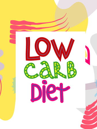 Low carb diet collage lettering. Ketogenic eating slogan, phrase on memphis background. Healthy nutrition poster, banner design templateのイラスト素材
