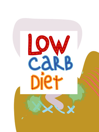 Low carb diet collage lettering. Ketogenic eating slogan, phrase on memphis background. Healthy nutrition poster, banner design templateのイラスト素材